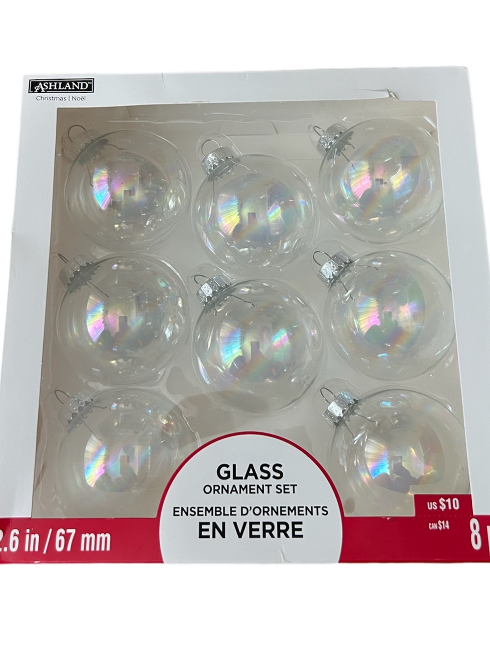 Iridescent Clear Glass Holiday Ornaments - Set of 8 - Picture 2 of 5